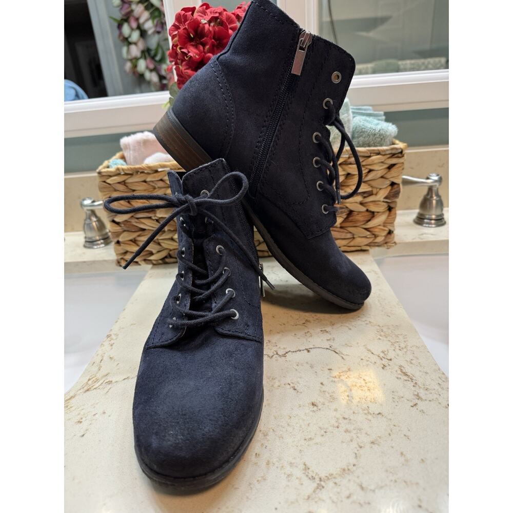 Earth Etjanel-QV 10M Blue Suede Leather Boots Side Zip Lace Up 1 Inch Heel